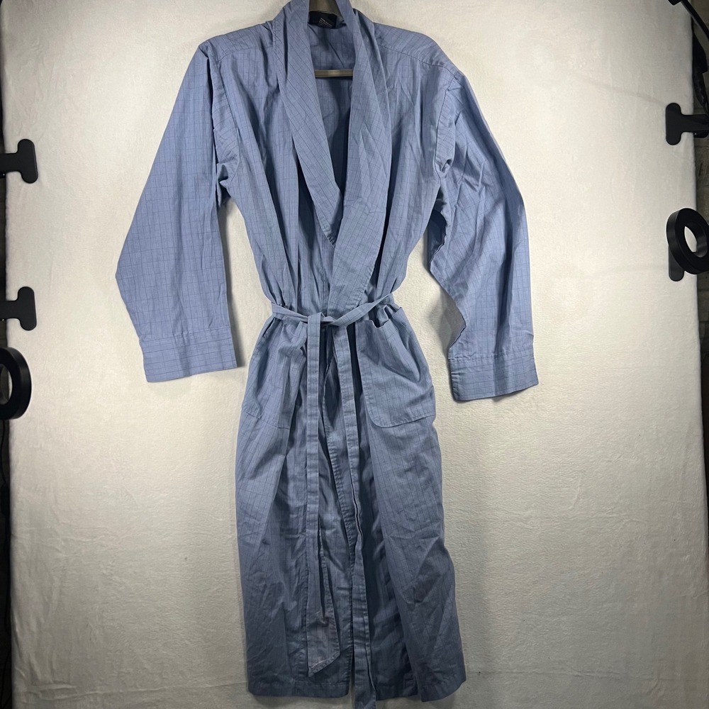Vintage Lightweight Bill Blass Mens Blue Plaid One Size Robe Glenn Check